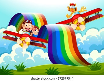 Illustration of the playful animals near the rainbow above the hills