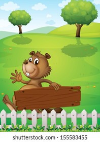 Illustration of a playful beaver near the fence with an empty signboard