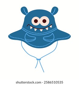 Illustration of a playful blue monster bucket hat featuring googly eyes, small horns, and string ties, perfect for kids with imagination.