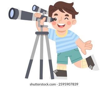 Illustration of Playful Boy Using a Telescope