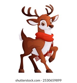 Illustration of a playful cartoon reindeer wearing a red scarf, standing on one leg, perfect for Christmas and winter holiday themes. Cute reindeer with red scarf in cartoon style
