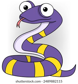 An illustration of a playful cartoon snake with a purple body and yellow stripes, featuring large expressive eyes and a forked tongue.