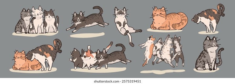 Illustration of playful cats in various poses. Cats jumping, resting, and cuddling. Cartoon cats in a cute, playful style on a gray background. Cute illustrations, isolated vector set.