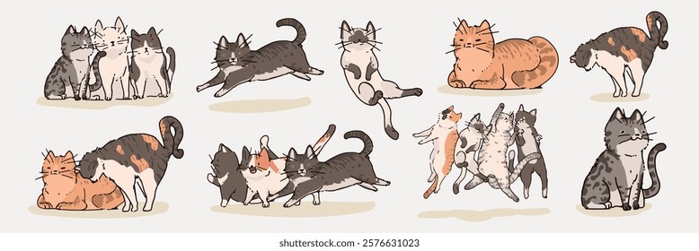 Illustration of playful cats in various poses. playing, cats jumping, and cats cuddling. Adorable in different playful activities. Cute illustrations, isolated vector set.