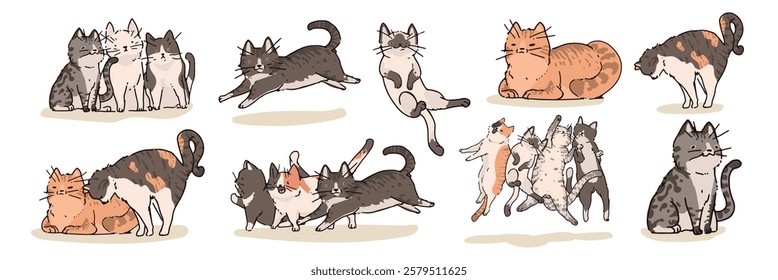 Illustration of playful cats in various poses. Cats jumping, sitting, and cuddling. Cute cats in different colors and patterns, showing playful behavior. Cute illustrations, isolated vector set.