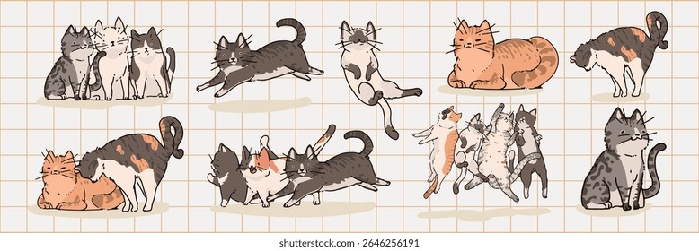 Ilustração de gatos divertidos em várias poses. Gatos pulando, descansando e abraçando. Gatos de desenhos animados com diferentes padrões de pele em um fundo de grade. Ilustrações bonitas, conjunto vetorial isolado.