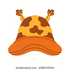 Illustration of a playful cow-print bucket hat with ear-like accents and a stitched brim, designed for animal lovers and trendy kids.