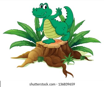 Illustration of a playful crocodile above the wood on a white background