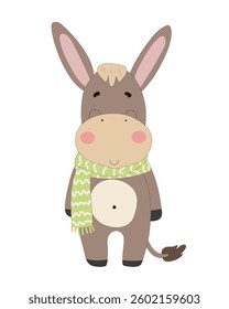 Illustration of a playful donkey wearing a green scarf, standing on a white background. Perfect for children’s themes and animal-based designs.