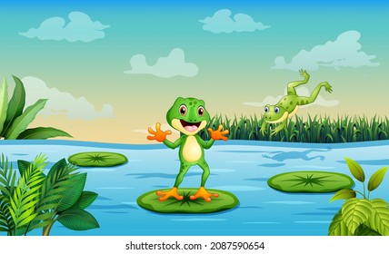 Illustration of a playful frogs at the pond