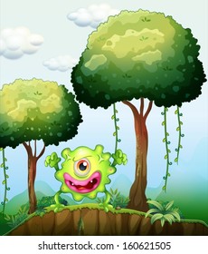 Illustration of a playful green monster at the cliff in the forest