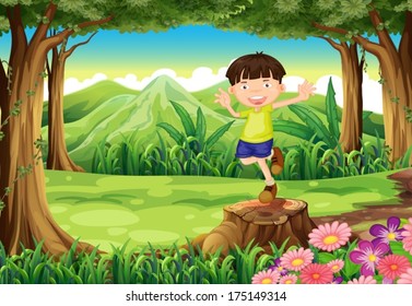 Illustration of a playful kid above the stump at the forest