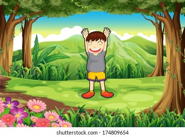 Illustration of a playful kid in the middle of the forest