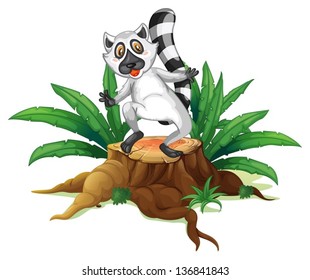 Illustration of a playful lemur above the wood on a white background
