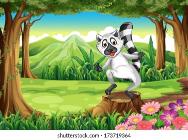 Illustration of a playful lemur at the forest standing above the stump