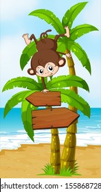 Illustration of a playful monkey at the beach with an arrowboard
