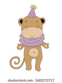 Illustration of a playful monkey wearing a purple party hat, looking cheerful and ready to celebrate. Isolated on white.