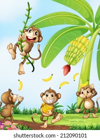 Illustration of the playful monkeys near the banana plant