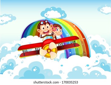 Illustration of the playful monkeys riding on a plane near the rainbow
