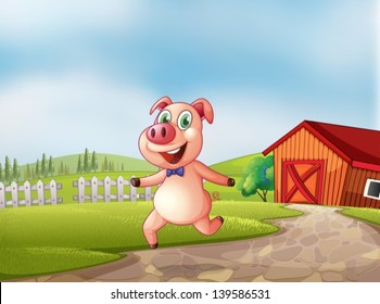 Illustration of a playful pig with a barn at the back