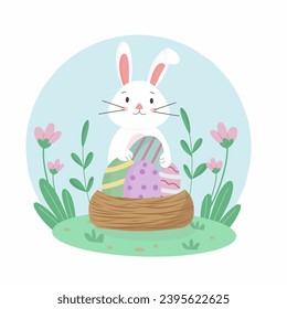 illustration of a playful rabbit surrounded by a cluster of Easter eggs.