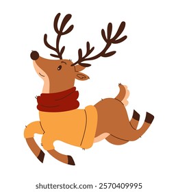 Illustration of a playful reindeer dressed in a yellow sweater and red scarf, leaping joyfully, in a festive holiday style.