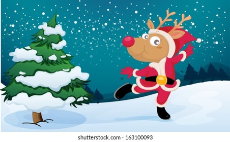 Illustration of a playful reindeer wearing Santa's outfit