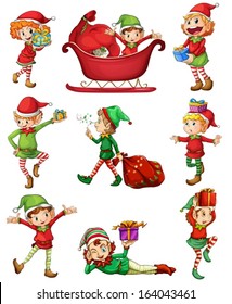 Illustration of the playful Santa elves on a white background