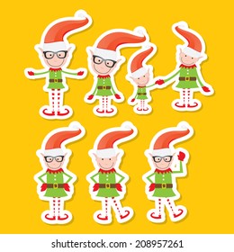 Illustration of the playful Santa elves on orange background