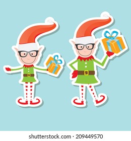 Illustration of the playful Santa elves on blue background