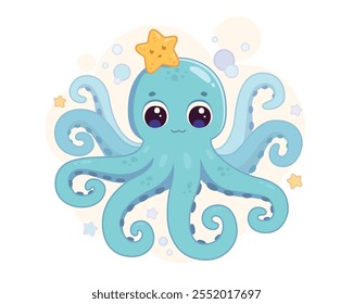 Illustration сute playful smiling cartoon octopus and starfish on a white background