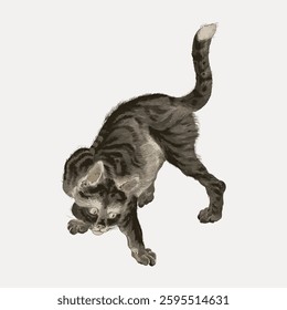 Illustration of a playful tabby cat with a bushy tail. The cat is in a dynamic pose, showcasing its striped fur. The tabby cat appears curious and lively. Vintage animal illustration vector.