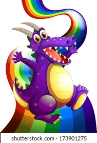 Illustration of a playful violet dragon and a rainbow on a white background