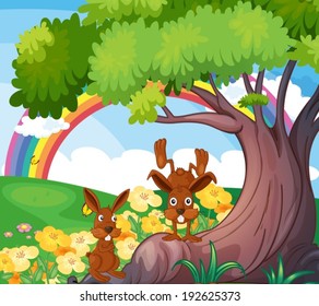 Illustration of the playful wild animals under the big tree