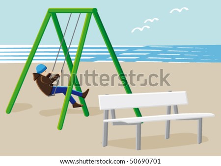 Illustration of a playground with a child at the beach.