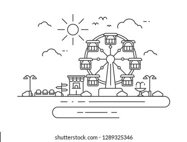 Illustration of a playground or entertainment with ferris wheel. Landscape of urban park. Thin line art style.