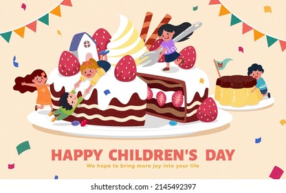 Illustration of playgroup kids eating black forest gateau cake and pudding as celebrations for Children's Day
