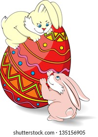 Illustration of a playing bunnies, red easter egg with bunnies