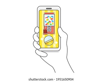 Illustration of playing with capsule toys on a smartphone app.