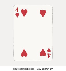 Illustration of a playing card, the four of hearts. The card features four red heart symbols. Simple design, classic playing card style. Vintage illustration vector.