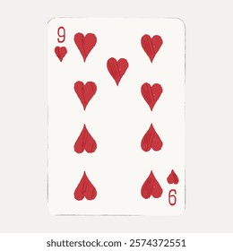 Illustration of a playing card, the nine of hearts. Features nine red hearts. Playing card design with hearts. Simple, classic card with hearts. Vintage art drawing, isolated vector element.