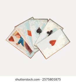 Illustration of playing cards with hearts, spades, diamonds, and clubs. Playing cards arranged in fan. Vintage playing cards with classic suits. Vintage art drawing illustration, painting art vector.