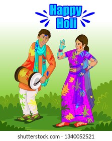 illustration of playing holi and happy holi