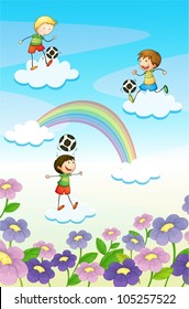 illustration of a playing kids on clouds