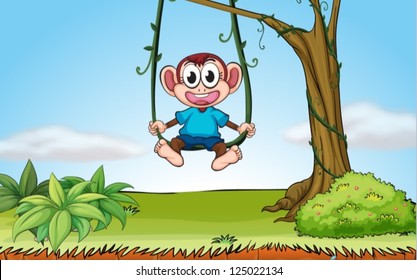 Illustration of a playing monkey in a beautiful nature