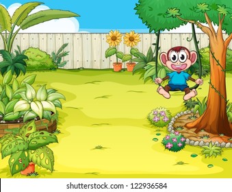 Illustration of a playing monkey in the garden