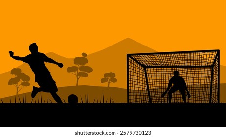 Illustration of playing soccer in the field. Vector illustration of two people playing football in the landscape mountain. Player kicking ball to a goalpost with goalkeeper in the soccer field