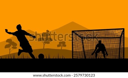 Illustration of playing soccer in the field. Vector illustration of two people playing football in the landscape mountain. Player kicking ball to a goalpost with goalkeeper in the soccer field