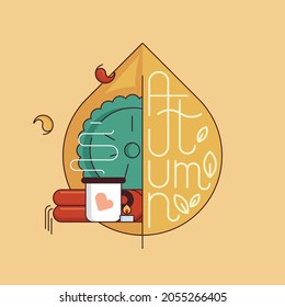 Illustration pleasant autumn, hot drink, blanket, pillow, candles, autumn leaf and chill