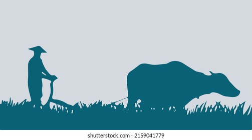 An illustration of a plowman and reaper with bulls on the blue background